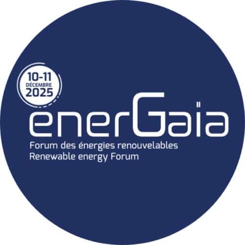 Blue circular logo for EnerGaia Renewable Energy and Cleantech Forum, featuring event dates "10-11 December 2025" and bilingual French-English text.