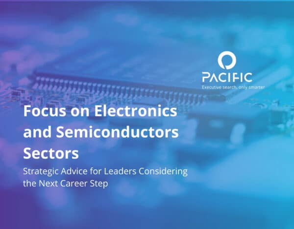 A blurred close-up of a semiconductor chip, overlaid with the Pacific logo and text about career advice in electronics and semiconductor sectors.