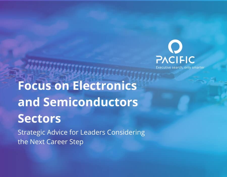 A blurred close-up of a semiconductor chip, overlaid with the Pacific logo and text about career advice in electronics and semiconductor sectors.