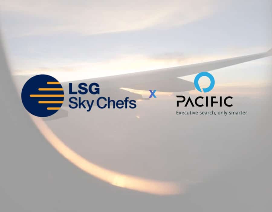 View from an aeroplane window with LSG Sky Chefs and Pacific logos overlaid, highlighting their exclusive partnership and collaboration.