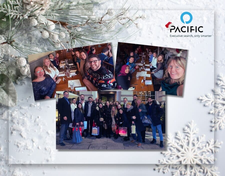 A collage features two indoor group dining photos and one outdoor group photo, overlaid on a winter-themed background with the Pacific logo and snowflake decorations.