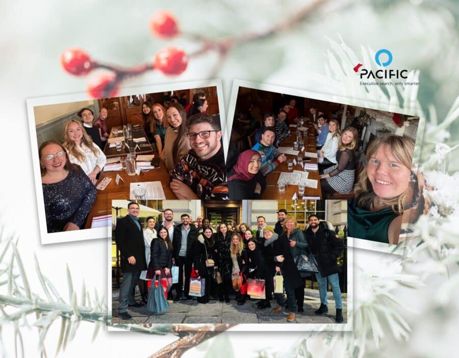 Collage of groups of people smiling at tables and standing outdoors, with a festive, wintry background and the Pacific logo in the top right corner—celebrating Sustainable Success together.