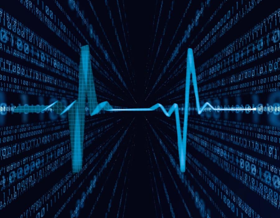 A blue digital heartbeat waveform overlaid on a background of binary code, symbolising the intersection of healthcare and digital technology.