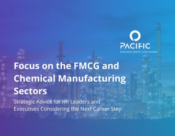 A promotional graphic for Pacific, featuring text about focusing on FMCG and chemical manufacturing sectors, with industrial plant imagery in the background.