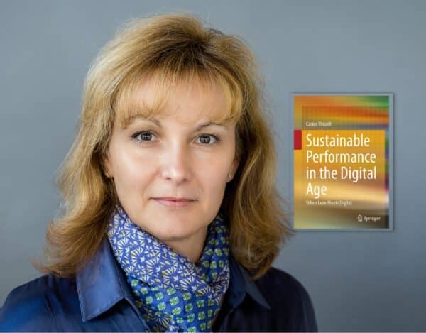 A woman with blonde hair wearing a blue scarf and shirt poses in front of a grey background; a book titled "Sustainable Performance in the Digital Age" is displayed beside her.