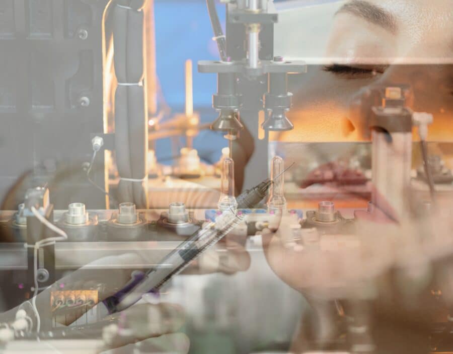 A syringe and automated machinery overlaid with a close-up of a woman's face, suggesting medical or cosmetic technology and injection procedures.