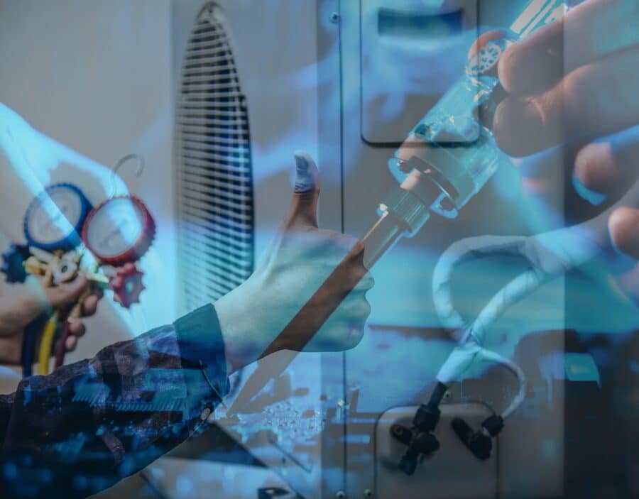 A person gives a thumbs up near HVAC gauges and tubing, with overlay images of hands handling tools and equipment, implying technical work or maintenance.