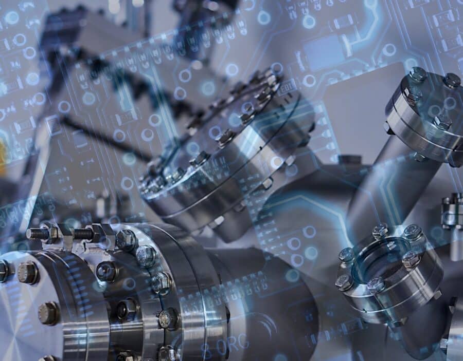 Industrial metal machinery overlaid with translucent circuit board patterns, symbolising the integration of technology and engineering.