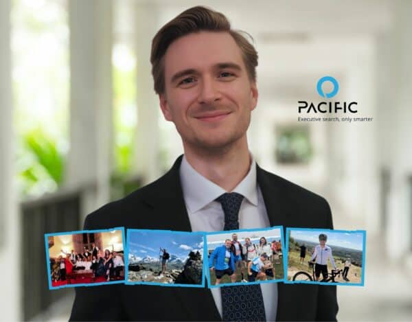 A professional man in a suit and tie, overlaid with the Pacific Executive search logo and four photographs showing groups and individuals taking part in outdoor activities.