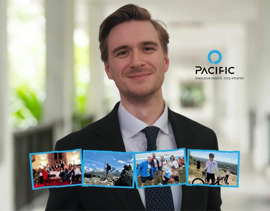 A professional man in a suit and tie, overlaid with the Pacific Executive search logo and four photographs showing groups and individuals taking part in outdoor activities.